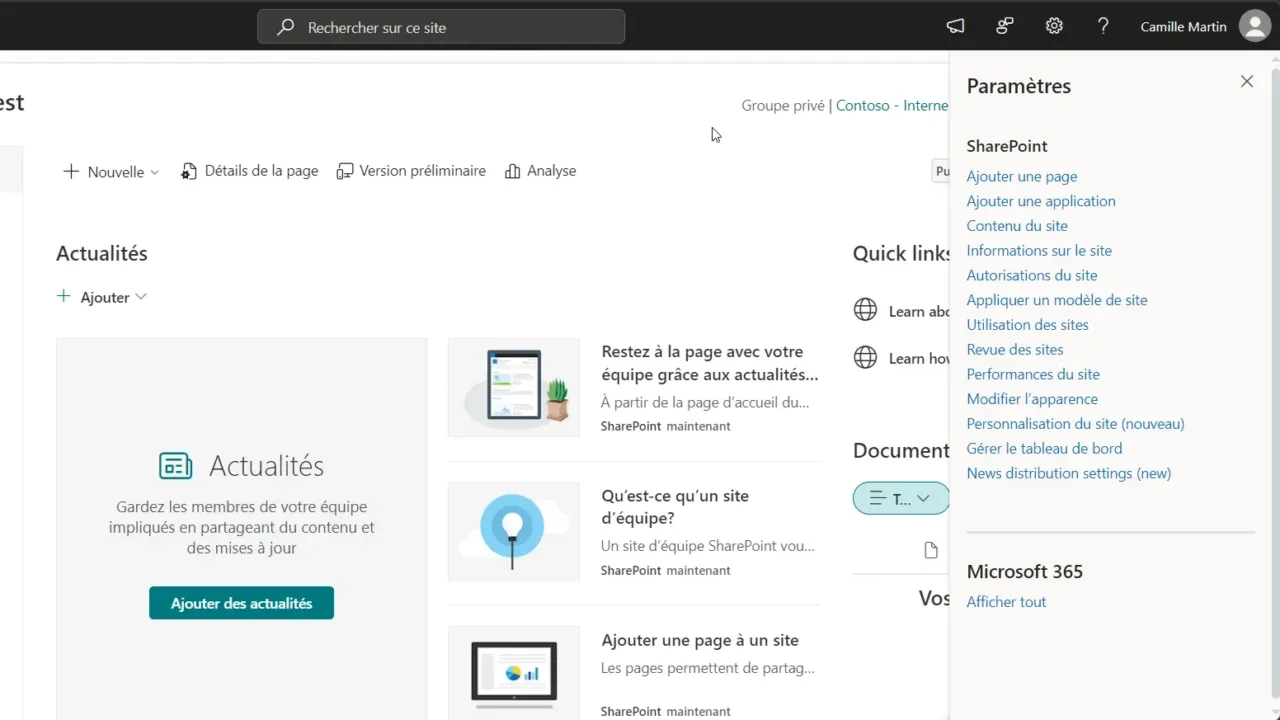 Menu Paramètres d’un site d’équipe SharePoint ouvert