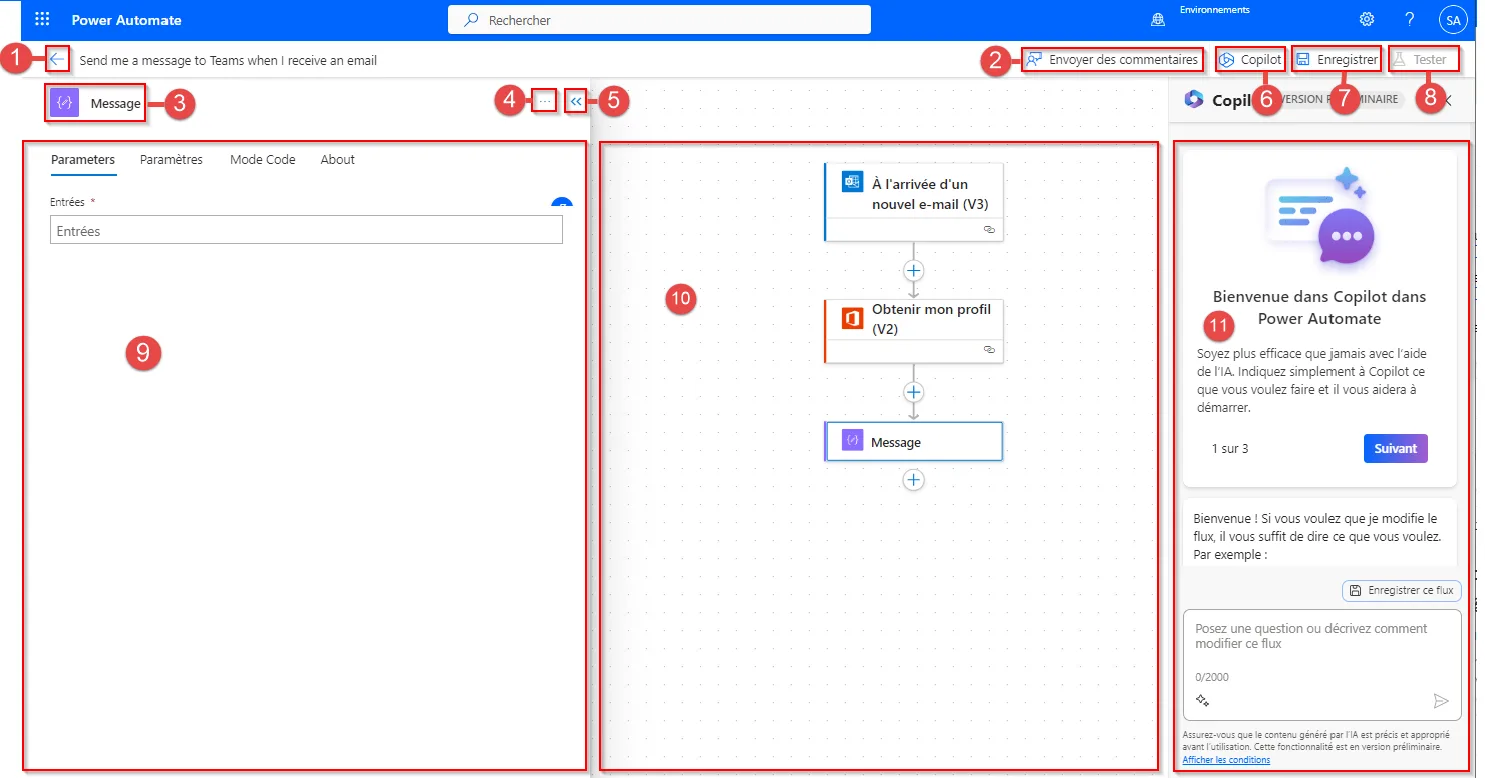 Concepteur de flux de cloud Power Automate : volet de configuration de l’action à gauche, flux au centre et volet Copilot à droite
