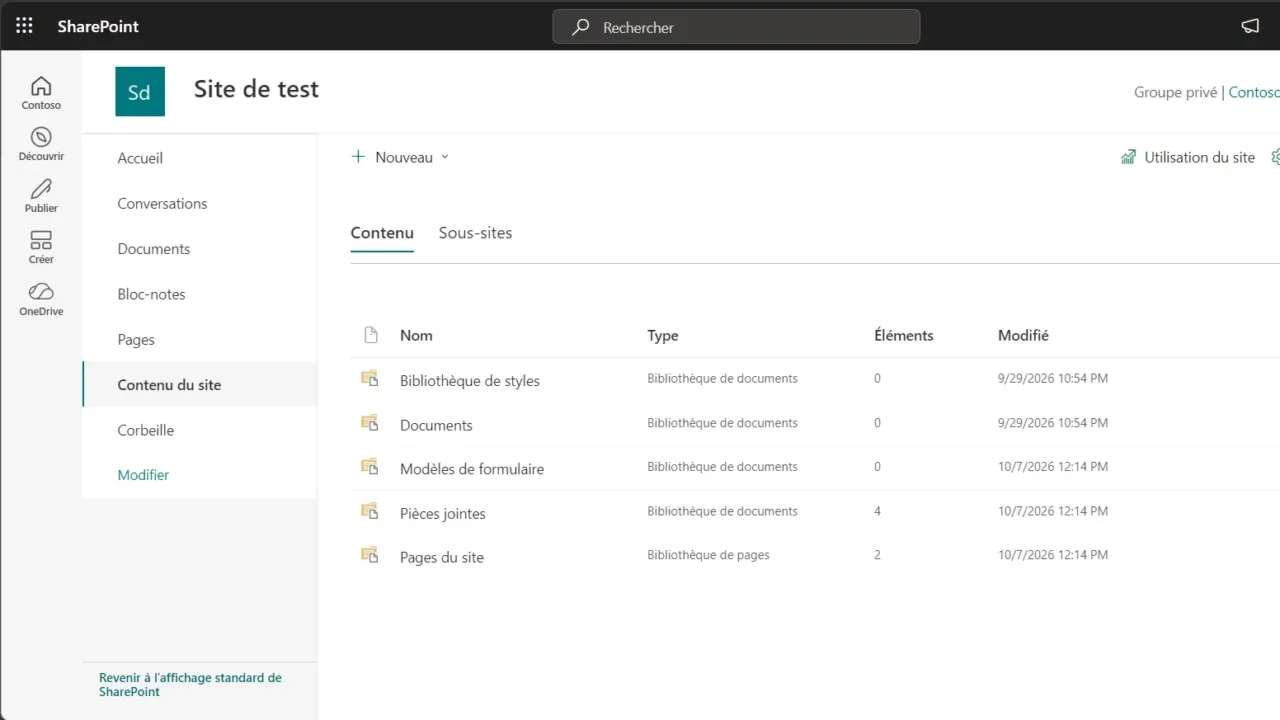 Page Contenu du site listant les bibliothèques d’un site SharePoint