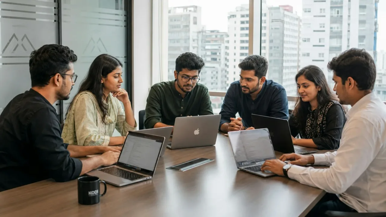 Six collègues collaborant autour d’une table de réunion avec leurs ordinateurs portables