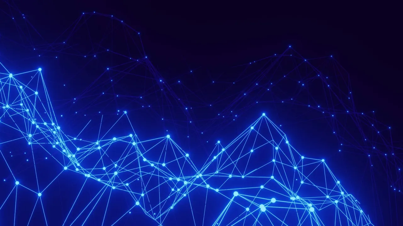 Fond bleu composé de lignes et de points reliés, évoquant des flux automatisés