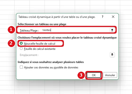 Fenêtre Tableau croisé dynamique à partir d’une table ou d’une plage : la plage Ventes, l’option Nouvelle feuille de calcul et le bouton OK sont encadrés en rouge