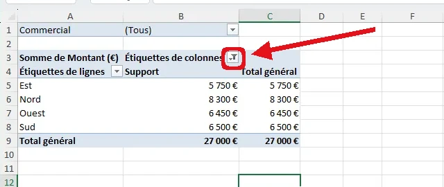Tableau croisé dynamique filtré sur le produit Support : l’icône de filtre du champ Étiquettes de colonnes est encadrée en rouge