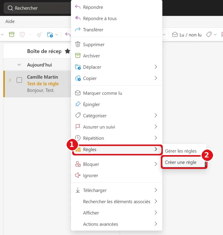 Menu contextuel d’un message dans Outlook : Règles puis Créer une règle sont encadrés en rouge