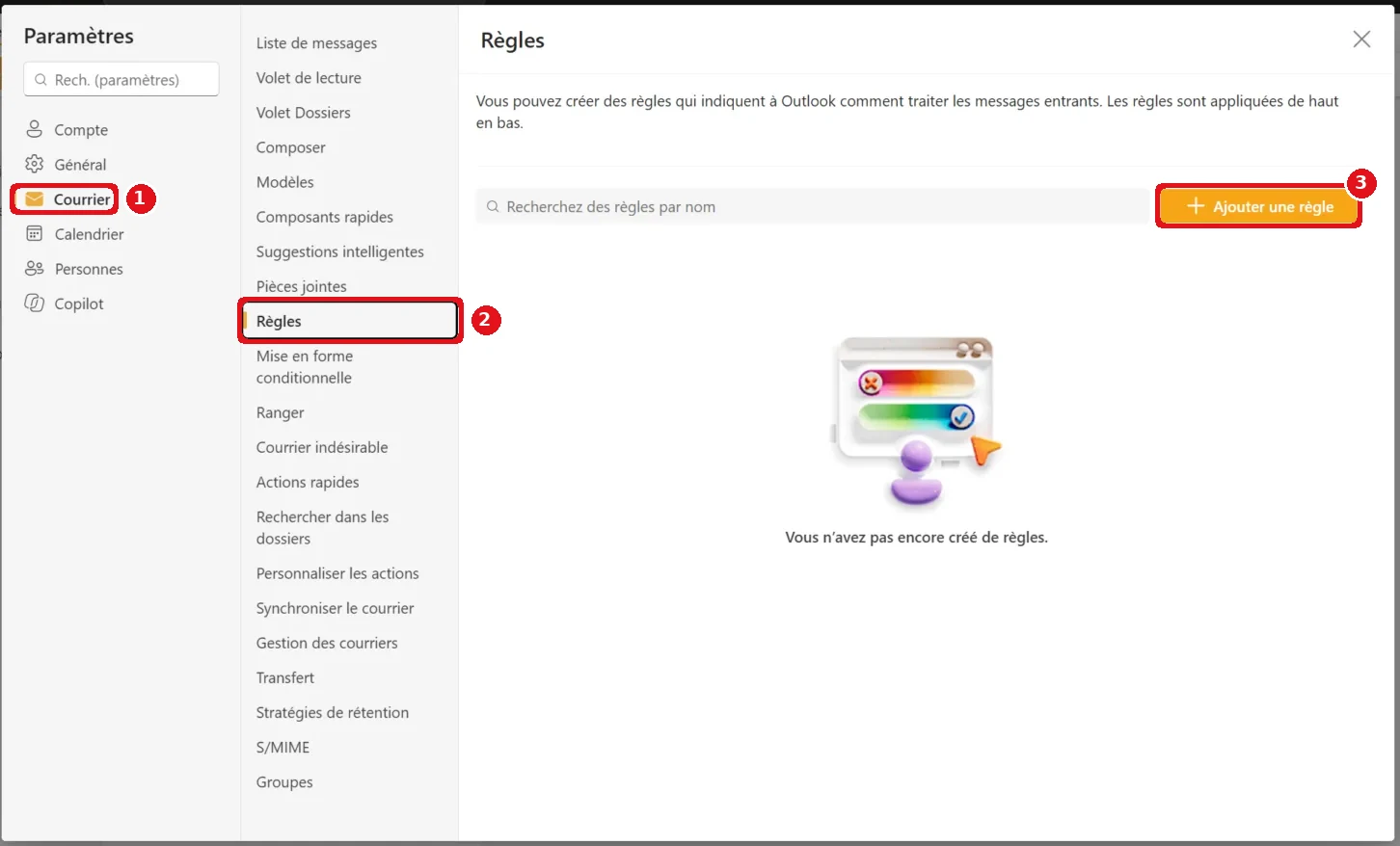 Paramètres d’Outlook : Courrier, Règles et le bouton Ajouter une règle sont encadrés en rouge