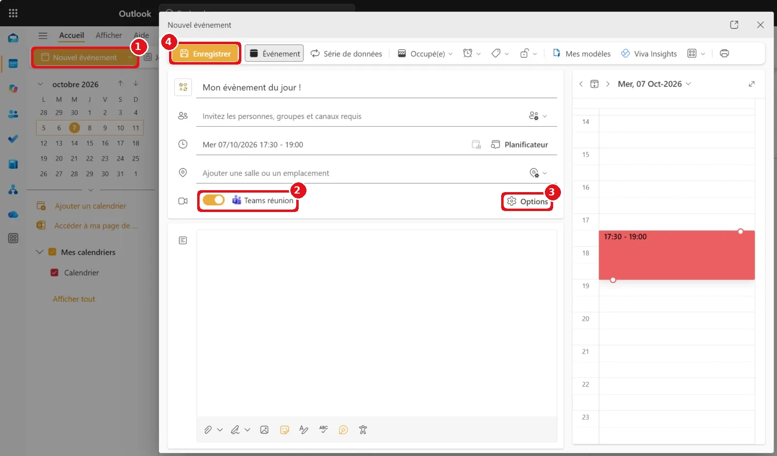 Nouvel événement dans le calendrier Outlook : le bouton Nouvel événement, l’interrupteur Teams réunion, le bouton Options et le bouton Enregistrer sont encadrés en rouge