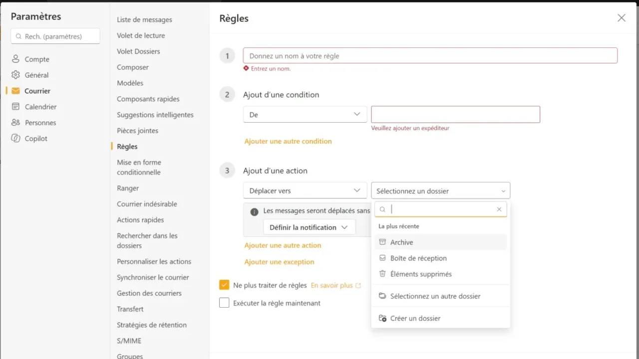 Création d’une règle dans les paramètres d’Outlook