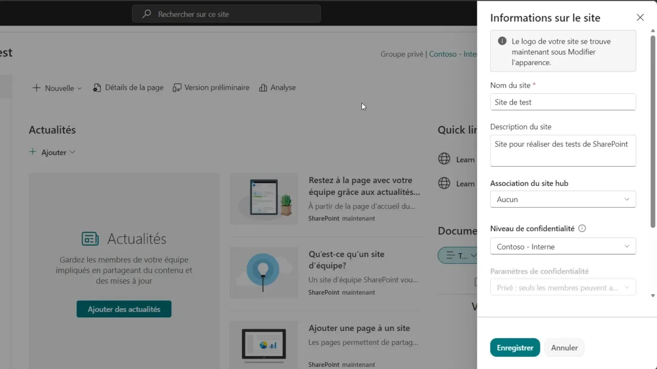 Volet Informations sur le site ouvert sur un site d’équipe SharePoint
