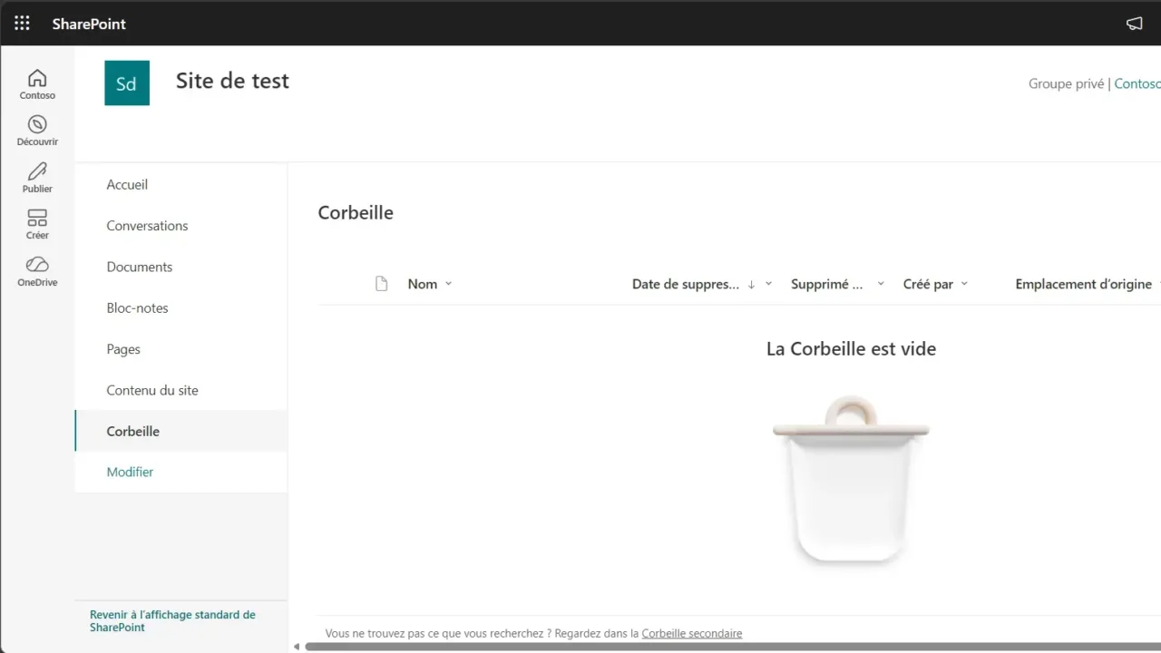 Corbeille d’un site d’équipe SharePoint