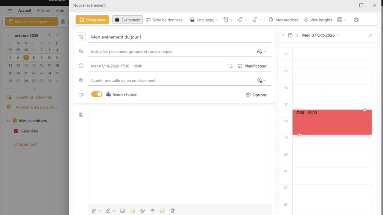 Nouvel événement Outlook avec l’option réunion Teams activée