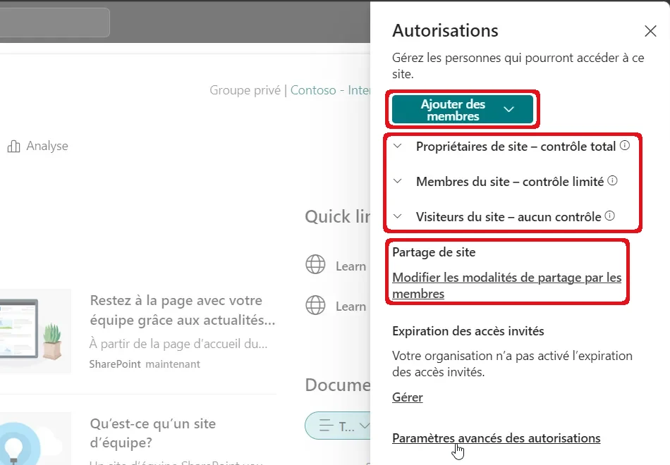 Volet Autorisations d’un site SharePoint : le bouton Ajouter des membres, les trois groupes Propriétaires, Membres et Visiteurs et le lien de partage du site sont encadrés en rouge