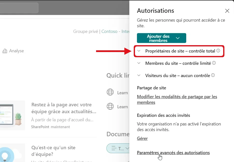 Volet Autorisations d’un site SharePoint : la section Propriétaires de site – contrôle total est encadrée en rouge