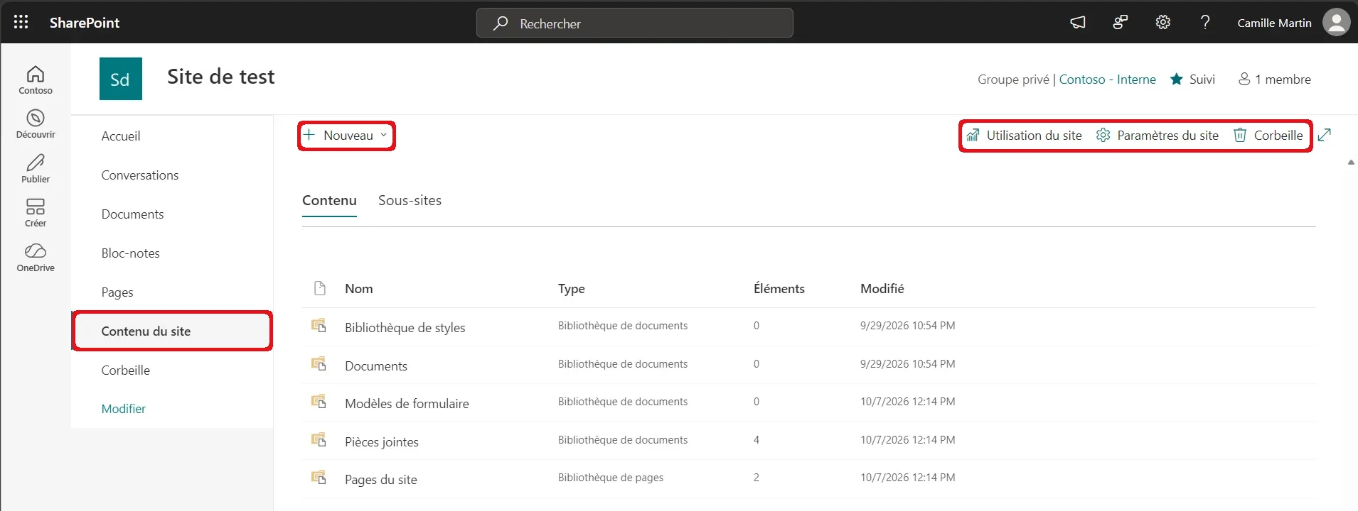 Page Contenu du site de SharePoint : le lien Contenu du site du menu de gauche, le bouton Nouveau et les raccourcis Utilisation du site, Paramètres du site et Corbeille sont encadrés en rouge