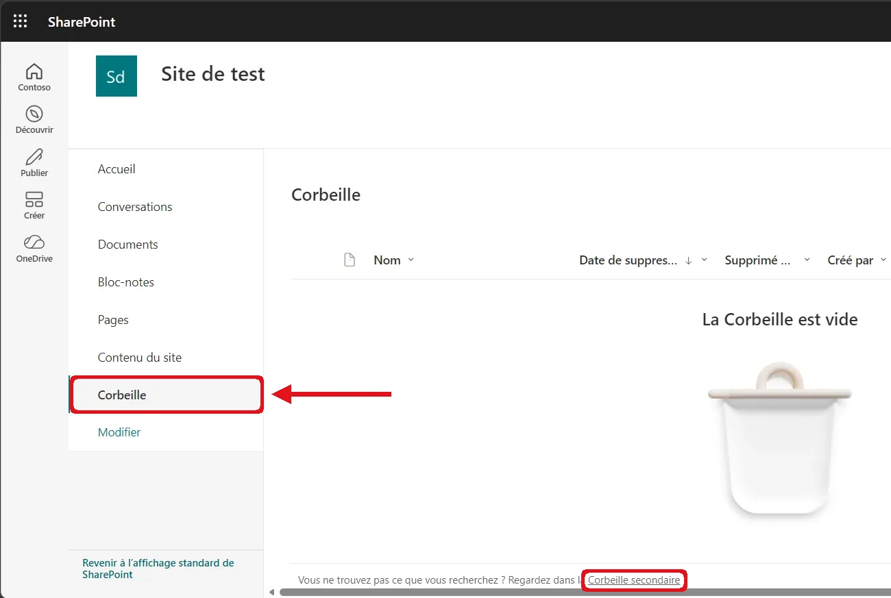 Corbeille d’un site SharePoint ouverte depuis le menu de gauche ; le lien Corbeille et le lien vers la corbeille secondaire sont encadrés en rouge