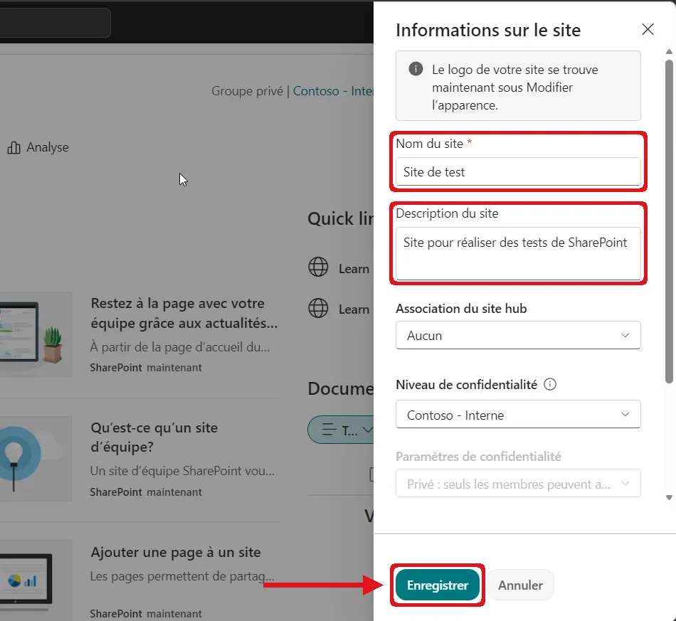 Volet Informations sur le site de SharePoint : les champs Nom du site et Description du site ainsi que le bouton Enregistrer sont encadrés en rouge