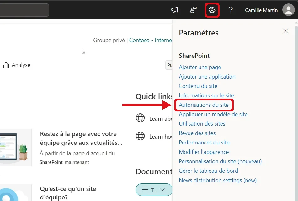 Menu Paramètres d’un site SharePoint ouvert depuis la roue dentée : le lien Autorisations du site est encadré en rouge
