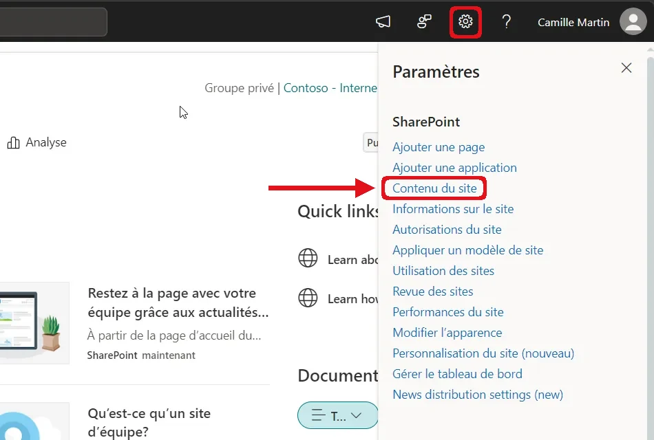 Menu Paramètres d’un site SharePoint ouvert depuis la roue dentée : le lien Contenu du site est encadré en rouge