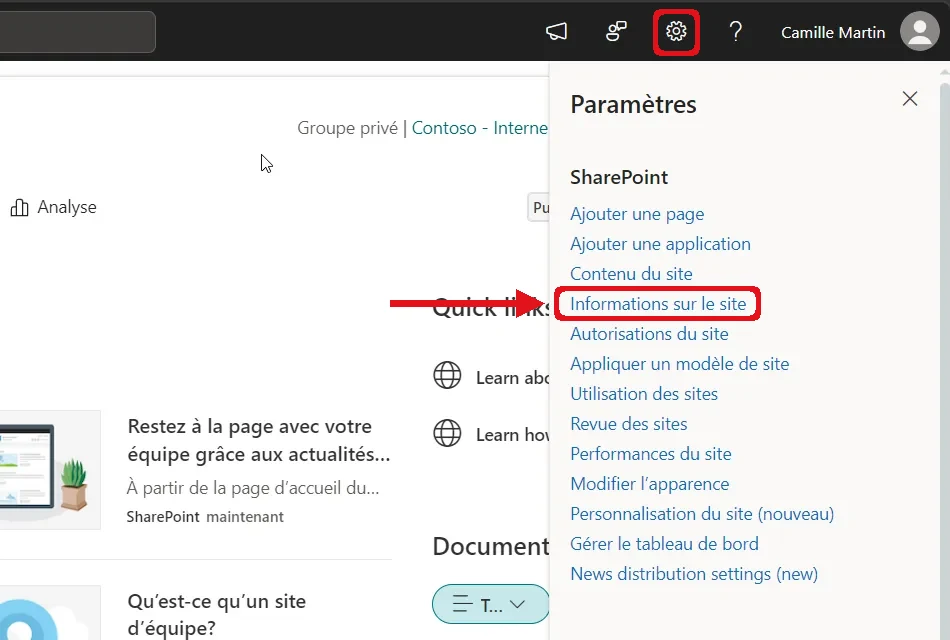 Menu Paramètres d’un site SharePoint ouvert depuis la roue dentée : le lien Informations sur le site est encadré en rouge