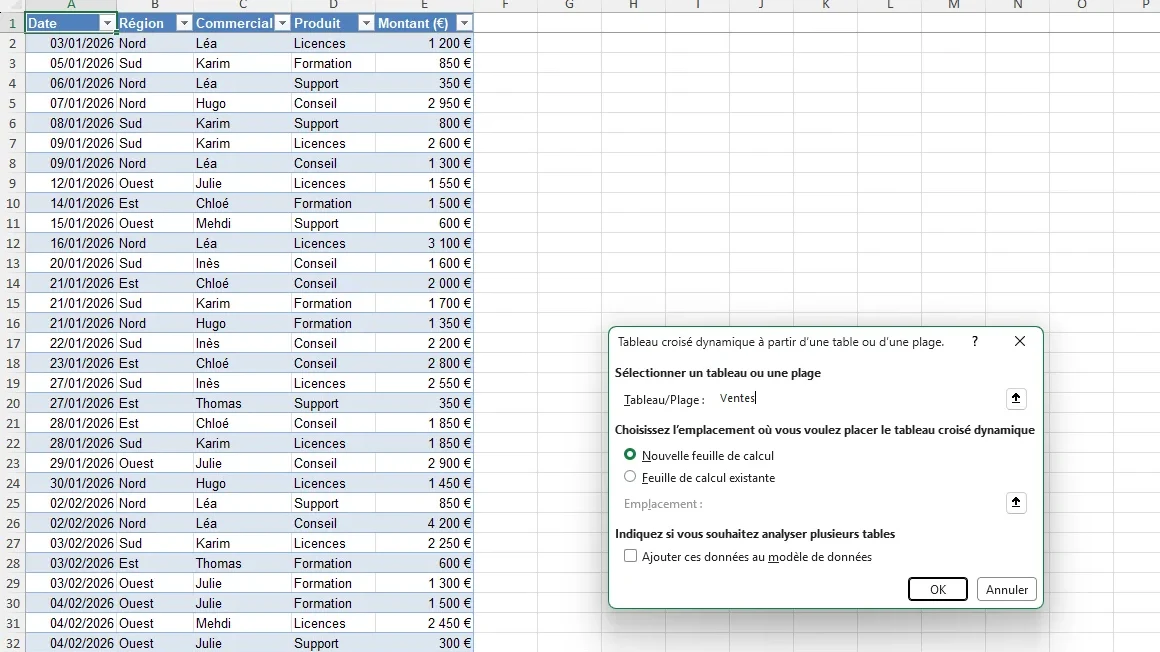 Création d’un tableau croisé dynamique dans Excel à partir d’un tableau de ventes