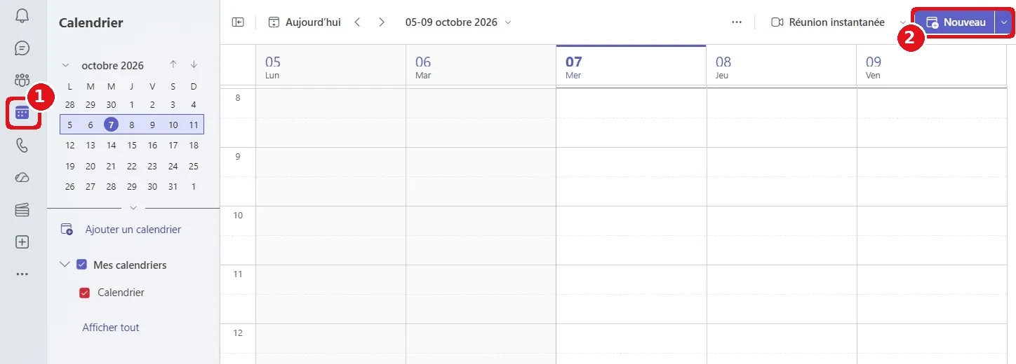 Calendrier de Microsoft Teams : l’icône Calendrier de la barre de gauche et le bouton Nouveau sont encadrés en rouge