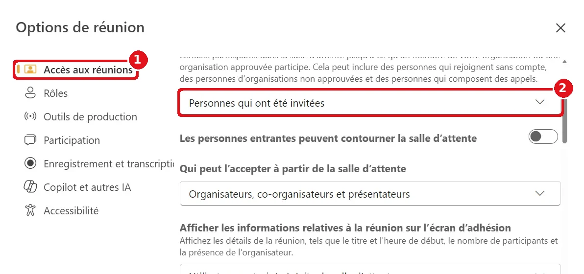 Page Options de réunion de Teams : la rubrique Accès aux réunions et le réglage de la salle d’attente sont encadrés en rouge